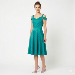 Hell Bunny Teal/Emerald Retro Cold Shoulder Fit and Flare Swing Dress Size S